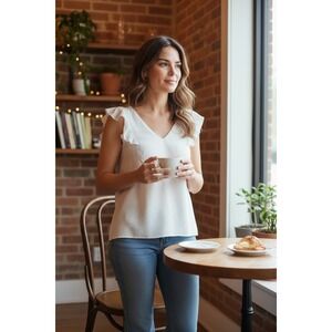 Umgee White Ruffle Sleeve V-Neck Textured Crepe Blouse 1XL NEW Cottagecore